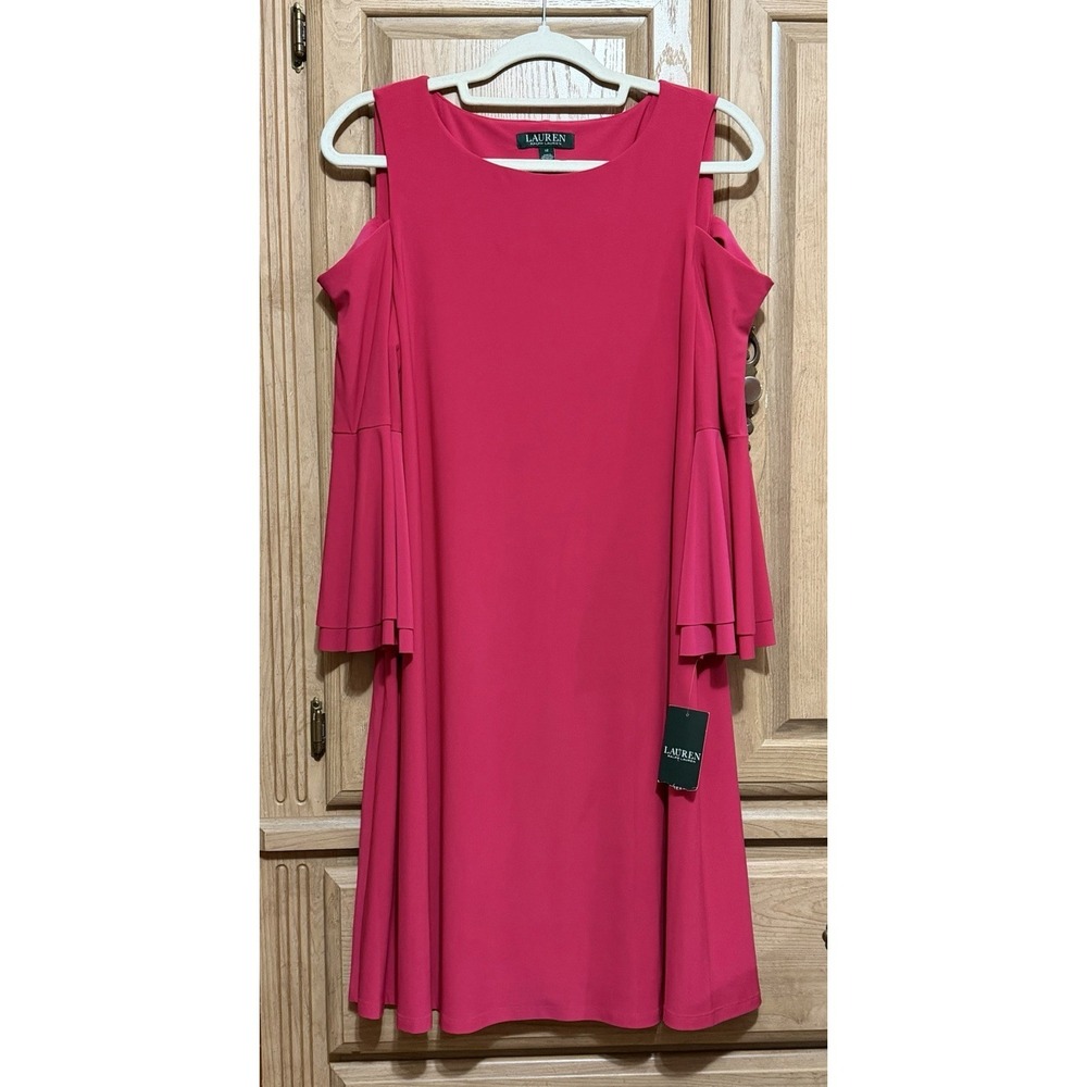 NEW Lauren Ralph Lauren Size 12 Pink Cold Shoulder A-Line Dress Bell Sleeve